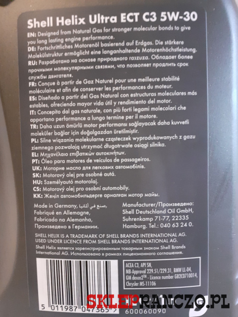 olej shell FULLY SYNTHETIC  5W30 ECT C3 dexos 2 sklepranczo.pl